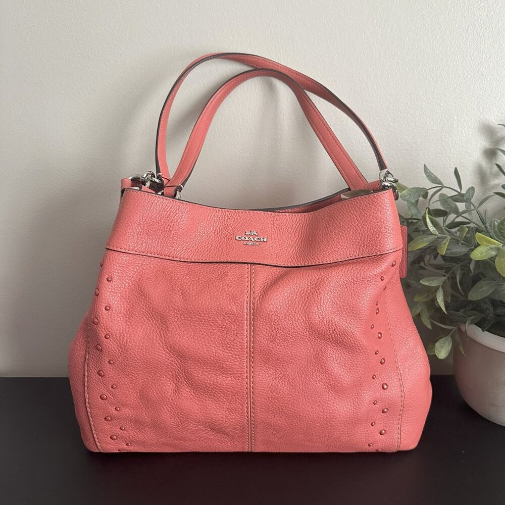 Coach LEXY F66874 Pebbled Leather CORAL Studded Border Shoulder Bag Rivets Pink